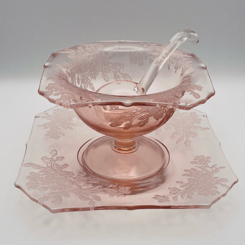 Pink Glass Condiment Set, 3 pcs with Bowl, Under Plate, & Ladle, Etched Flowers